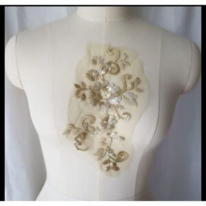 Light Gold Sequin Floral Applique 8in long